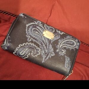 Michael Kors Black and Blue Paisley Zip Round Wallet
